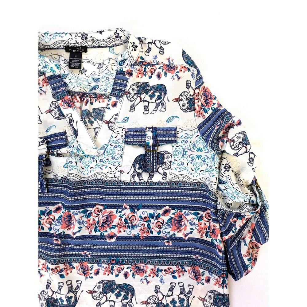 rue21 Elephant Print Boho Tunic Top Blue White Floral Roll Tab Sleeve Medium